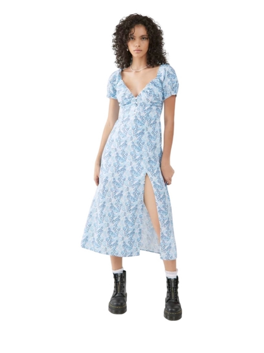 Urban Outfitters- Kiss the Sky Blue Floral V-Neck Midi Dress with Side Slit